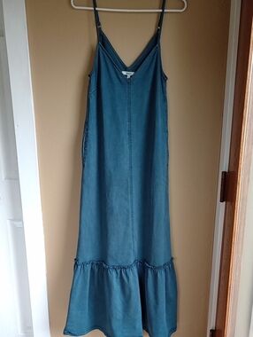 Splendid Denim Stretch Green Fit Flare Maxi Adjustable Straps Size XS